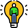 Icon showing a light bulb with a man inside
