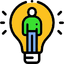Icon showing a light bulb with a man inside